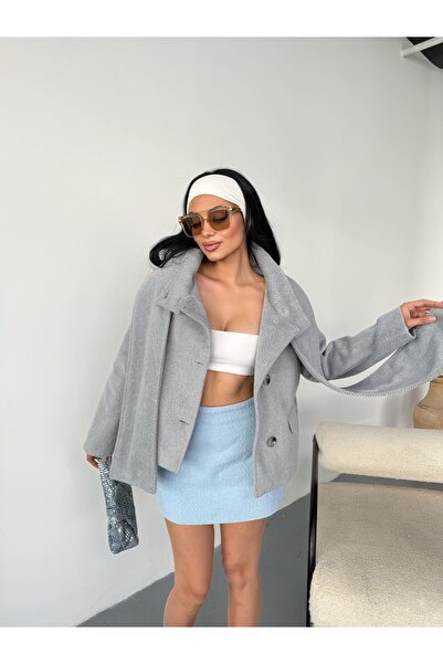 LB Laluna Butik Women's Shawl Detailed Stand Collar Pocketed Jacket Coat