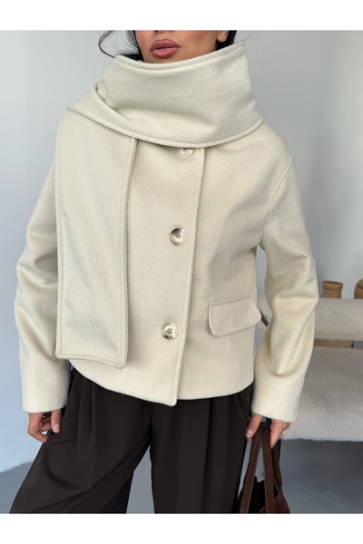 LB Laluna Butik Women's Shawl Detailed Stand Collar Pocketed Jacket Coat