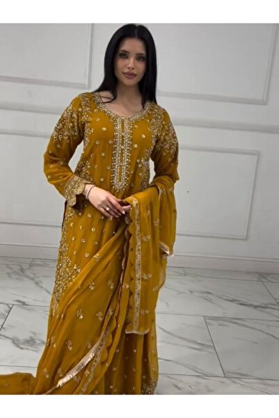 MYSMAR دوباتا من قماش جورجيت صناعي أصفر خردلي - HRT4470 | أصفر خردلي