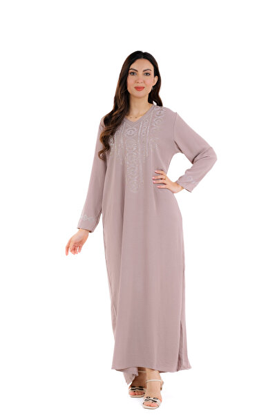 amaan Women's Long Jalabiya Dress, Embroidered Rhinestone Design, V-Neck, Floor Length