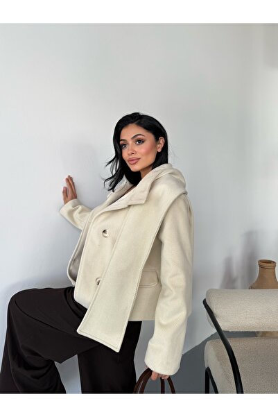 LB Laluna Butik Women's Shawl Detailed Stand Collar Pocketed Jacket Coat