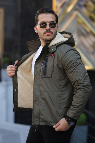 FASİON Men's Fur-Lined Thick Winter Coat with Detachable Hood, Waterproof and Cold-Proof