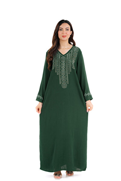 amaan Women's Long Jalabiya Dress, Embroidered Rhinestone Design, V-Neck, Floor Length