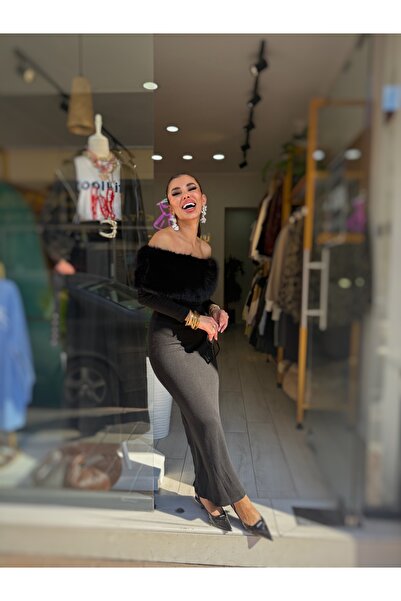 GÜLCİCİ Otriş detaylı triko yırtmaçlı elbise