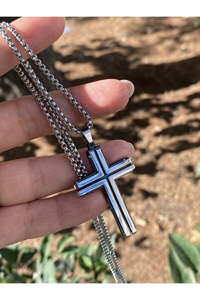 kurukafagift Paslanmaz Çelik Kolye Erkek Kalın Zincir Siyah Gümüş Renk Haç