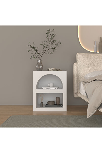 klubeconcept %100 MDF Beyaz Renk Modern Yarım Kemer Nişli Yan Sehpa Dekoratif...