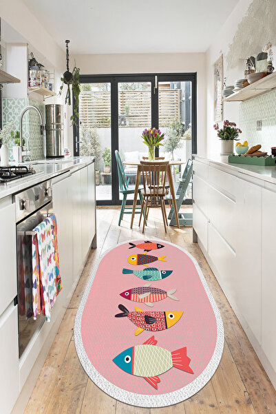 EVİMSEN Dijital Baskılı Yıkanabilir ve Kaymaz Tabanlı Balık Desenli Oval Mutf...