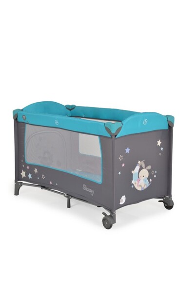 Moni Pătuț pliabil cu două niveluri Sleepy Turquoise, include saltea de înfășat și husă groasă de 1,5 cm