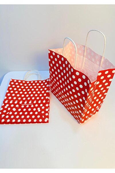aybaş kağıtçılık 1.Kalite 18x24 Cm (10 Adet) Kırmızı Renk Beyaz Benekli Kraft Kağıt Çanta,Hediye Poşeti,Hediye Paketi