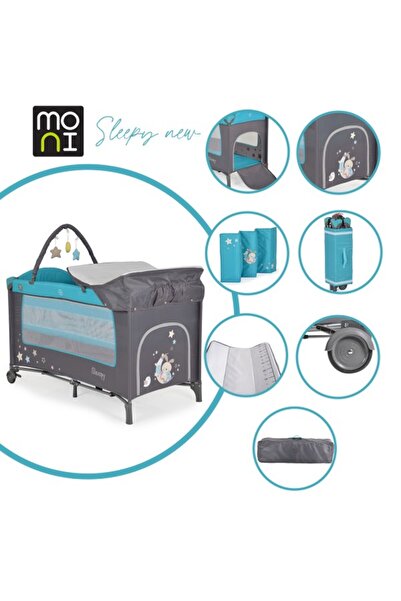 Moni Pătuț pliabil cu două niveluri Sleepy Turquoise, include saltea de înfășat și husă groasă de 1,5 cm