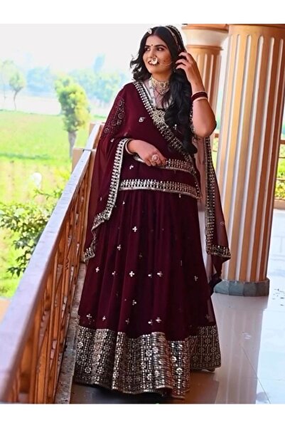 MYSMAR Maroon Blooming Georgette Blouse Lehenga Dupatta - HRT2482 | Maroon