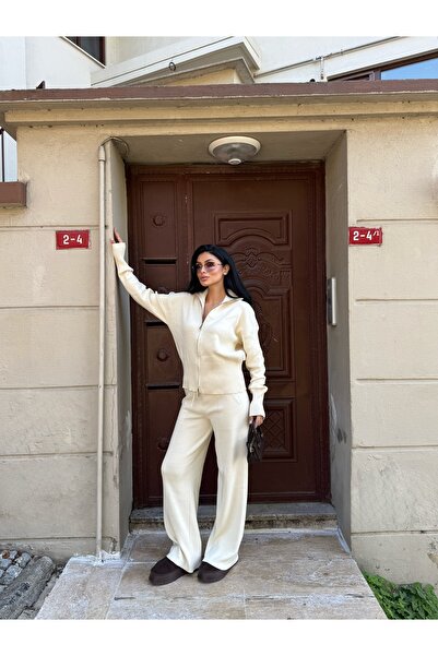 LB Laluna Butik Női krémszínű cipzáras kardigán és nadrág kötöttáru szett