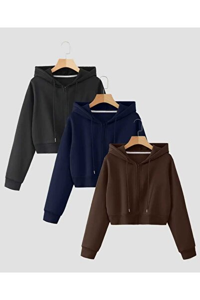 blackbonds Cardigan scurt cu glugă și fermoar, 3 piese, 3 fire, cu bordură