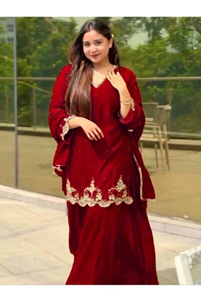 MYSMAR Red Faux Georgette Kurti Palazzo & Dupatta - HRT3329 | Red