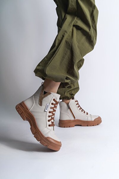 TH COLLECTİON Amber Lace-Up Zippered Orthopedic Sole Women's Boots Ctt - Crea...