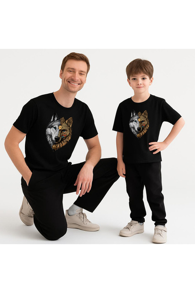 ErTaPassage Combinație de tricouri pentru tată și fiu cu model de lup alb cu ...