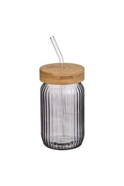 SHOPIENS Glass Tumbler Smoky with Straw & Bamboo Lid 450 ml