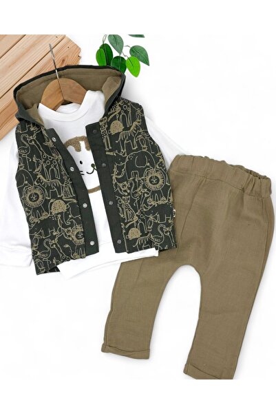 Ege Bebek Erkek Bebek Dinozor 6-9-12-18 Aylık Yelekli Müslin Altlı 3'lü Şık Takım