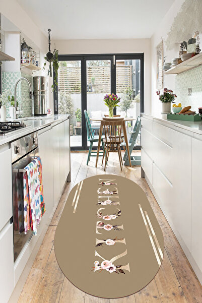 EVİMSEN Dijital Baskılı Yıkanabilir ve Kaymaz Tabanlı Çiçekli Kitchen Yazı De...
