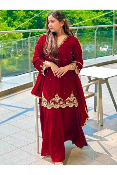 MYSMAR Red Faux Georgette Kurti Palazzo & Dupatta - HRT3329 | Red