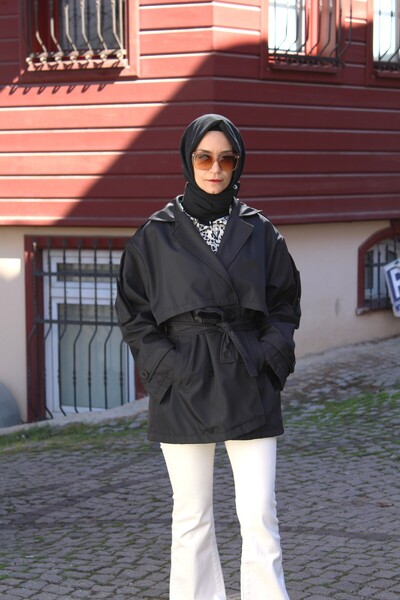 Tuğba Sarı Bağlıclı Siyah Kadın Trençkot