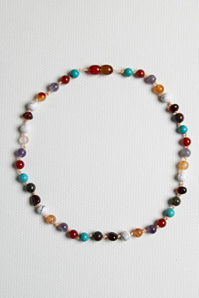 Boas Sertifikalı Bebek Kehribar Kolyesi – Turkuaz, Kehribar, Havlit, Yeşim, Jasper ve Ametist Taşı