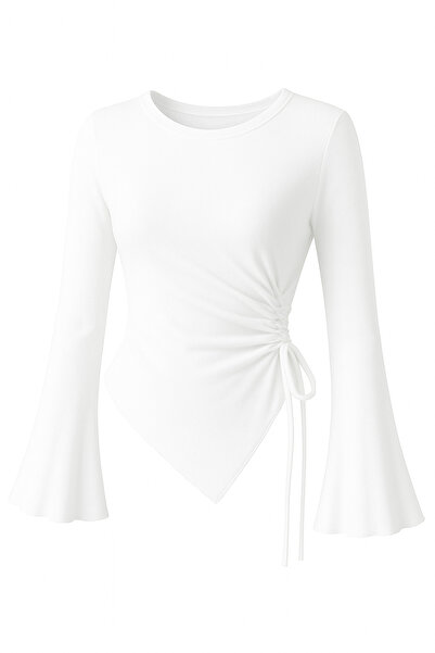 meren like your style Λευκή μπλούζα με στρογγυλή λαιμόκοψη και λεπτομέρεια ντραπέ, ισλαμική μπλούζα που ταιριάζει με το μανίκι της