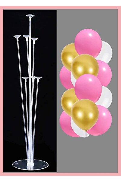 Doğumgünü Marketim 7 Balloon Stands and 10 Gold, Pink, White Balloons Set