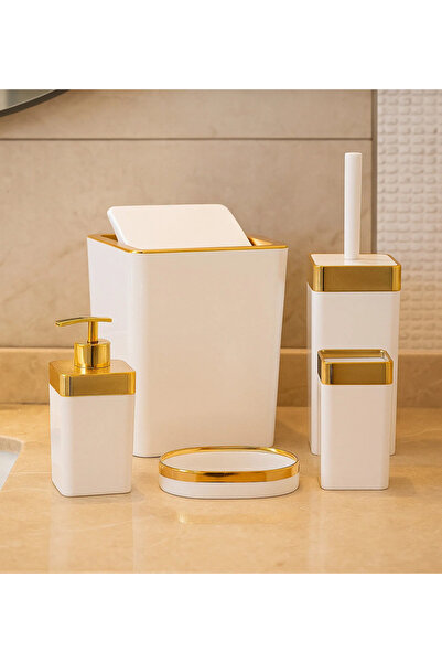 Bestway ve Diğeri طقم حمام مربع أكريليك 5 قطع أبيض-ذهبي لامع