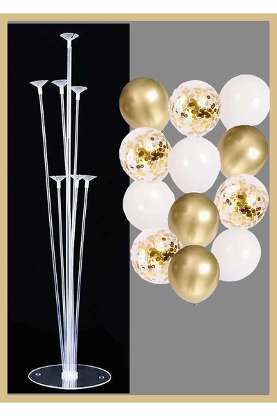Doğumgünü Marketim 7'li Balon Standı , Gold Balon İçi Konfeti ve 10 Adet Gold...