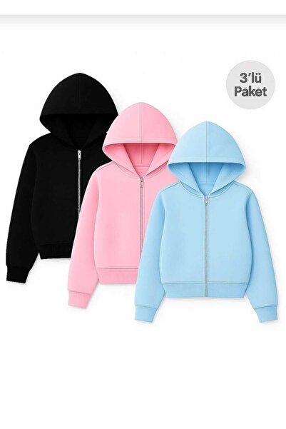 Abruzzo Kapşonlu Fermuarlı Crop Hırka 3lü 3 İplik Şardonlu - Pembe - Siyah - ...