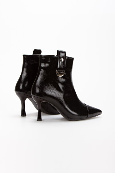 Mimy Siyah Hakiki Deri Görünümlü Sivri Burunlu İnce Topuklu Şık Tokalı Bot MimyShoesF
