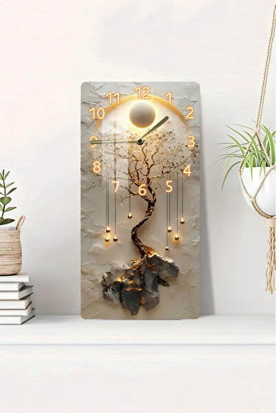 kutuTR Temperli Cam Tablo Saat – Hayat Ağacı Ve Güneş Halkası Deseni (30X60 cm) UV BASKI– CUSD092