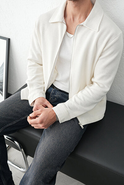 İLKCET MODA Ανδρικό εποχιακό μπουφάν με φερμουάρ, άνετο κομμένο λευκό πλεκτό μπουφάν