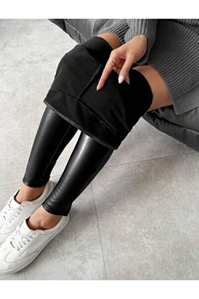 MAROVOAY Faux Leather High Waist Winter Long Leggings with Wool Inside