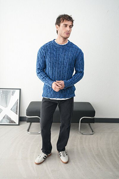 İLKCET MODA Acid Washed Navy Blue Oversize Knitted Men's Sweater
