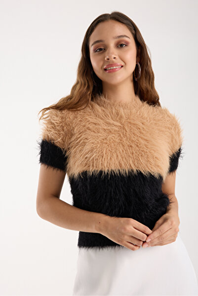 Moda Days Women's Beige-Black Beard Yarn Two-Tone Short Sleeve Crew Neck Knitwear Sweater