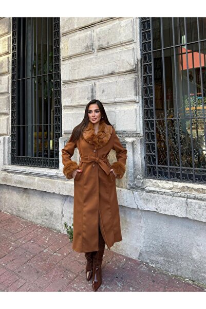 D'RECCY Women's Long Coat with Fur Collar and Plush Sleeve Details