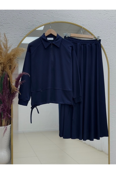 BENAHOLL طقم تنورة كاميندا بسحاب نصفي وأربطة جانبية - MF1820 أزرق داكن