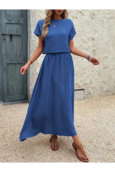 Wear Up Women's Short Sleeve Crew Neck Blouse Skirt Imported Linen Double Suit