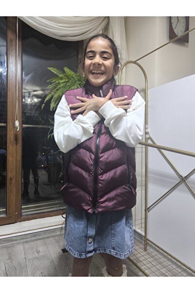 Şimo Butik Girls-Boys Children's Puffer Vest with Lining, Zippered Pockets, Water-Repellent, Windbreaker, Heat Insulation, Plum