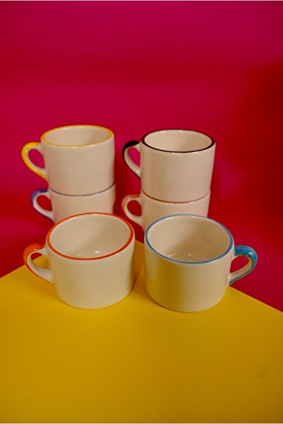 Vivas Set of 6 Double Cups with Handle and Colored Rim Coffee Cup