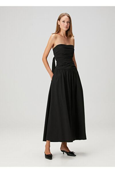 ST AGNI Siyah Drapeli Straplez Midi Elbise