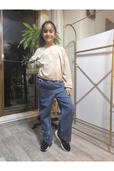 Şimo Butik Girl's Wide Leg Jeans Set (Sweatshirt + Elastic Waist Pants) Starr...