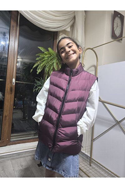 Şimo Butik Girls-Boys Children's Puffer Vest with Lining, Zippered Pockets, Water-Repellent, Windbreaker, Heat Insulation, Plum