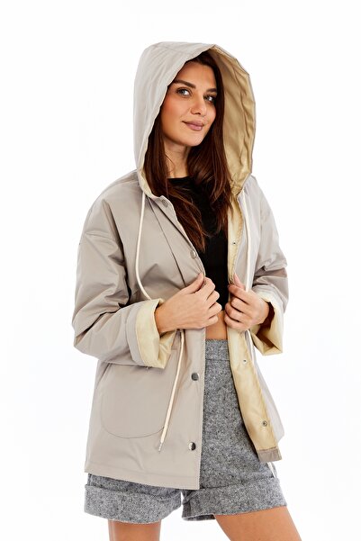 Primaro Drawstring Waist Pocketed Snap Fastener Lined Raincoat