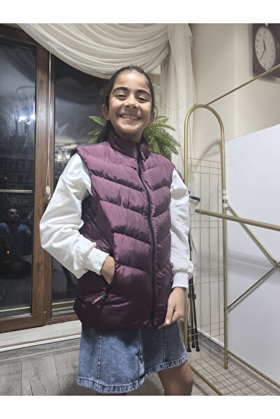 Şimo Butik Girls-Boys Children's Puffer Vest with Lining, Zippered Pockets, Water-Repellent, Windbreaker, Heat Insulation, Plum
