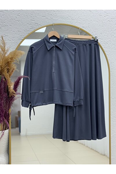 BENAHOLL طقم كاميندا بسحاب نصفي وأربطة جانبية مع تنورة - MF1820 أنثراسيت