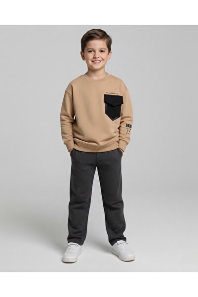 Egelite Boys' Seasonal Letter Printed Sweatshirt with Pocket Detail and Stylish Pants Set 4-11 Years Old