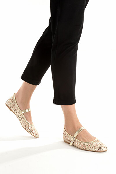 EPTC Gold Color Lace Detailed Women's Mary Jane Ballet Flats - Elegant & Breathable Design